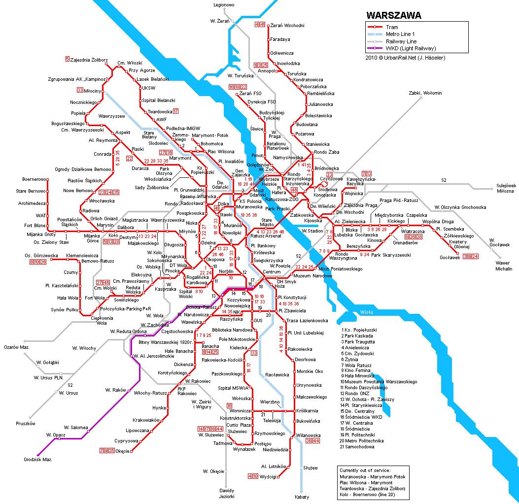 Warsaw tram map - Warsaw train map (Masovia - Poland)
