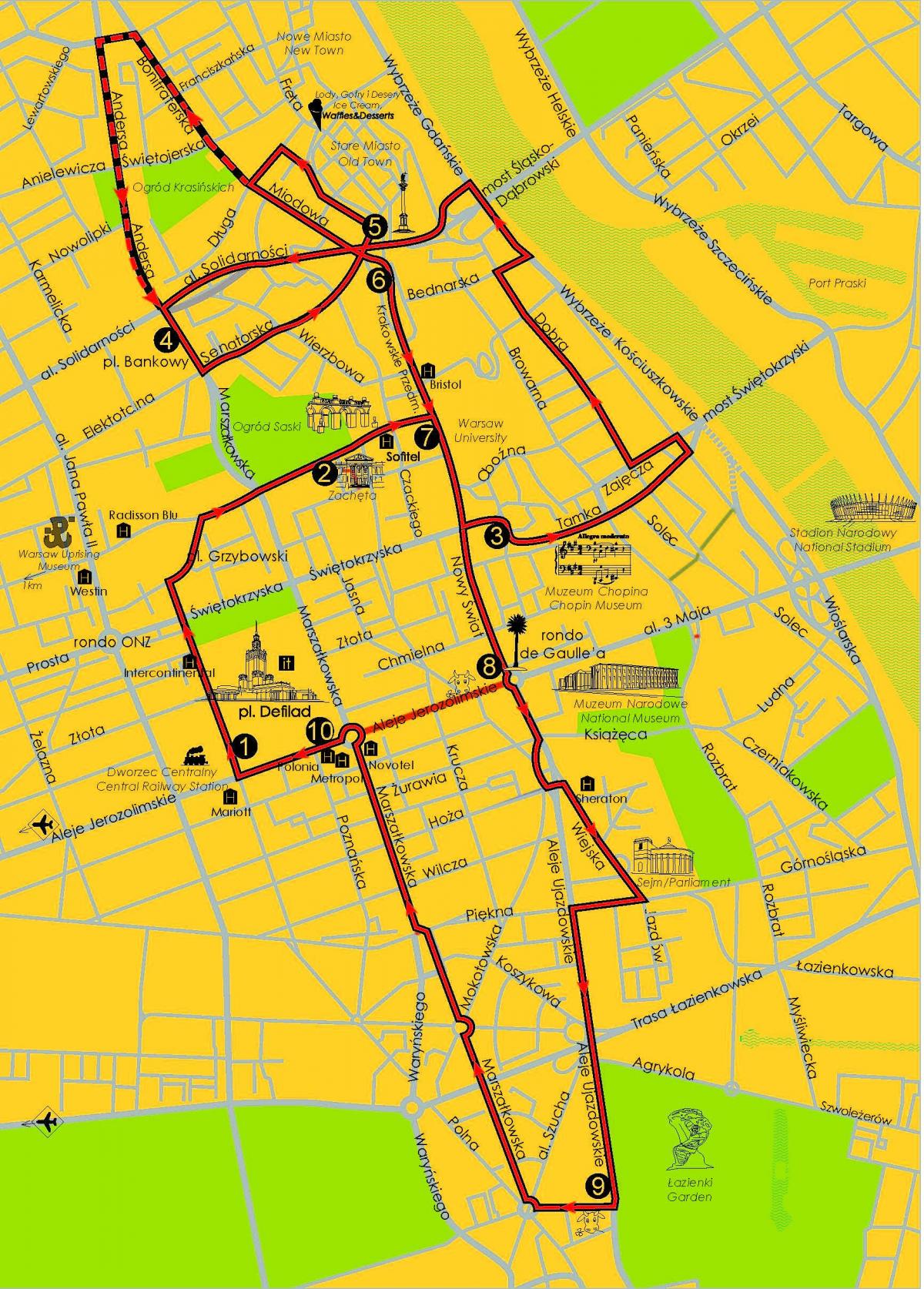 Map of Warsaw hop on hop off bus 