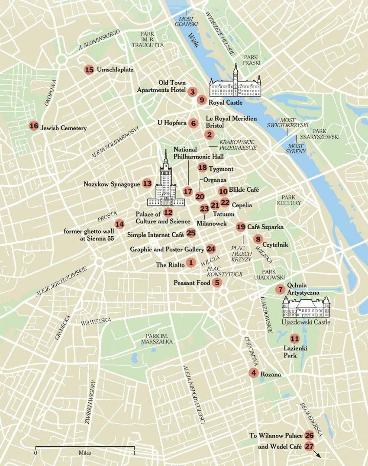 map of Warsaw with tourist attractions